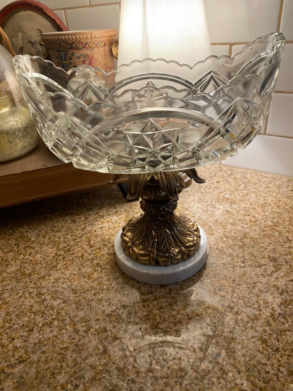 Vintage Regency MCM Crystal Pedestal bowl Ornate Metal Pedestal Marble base